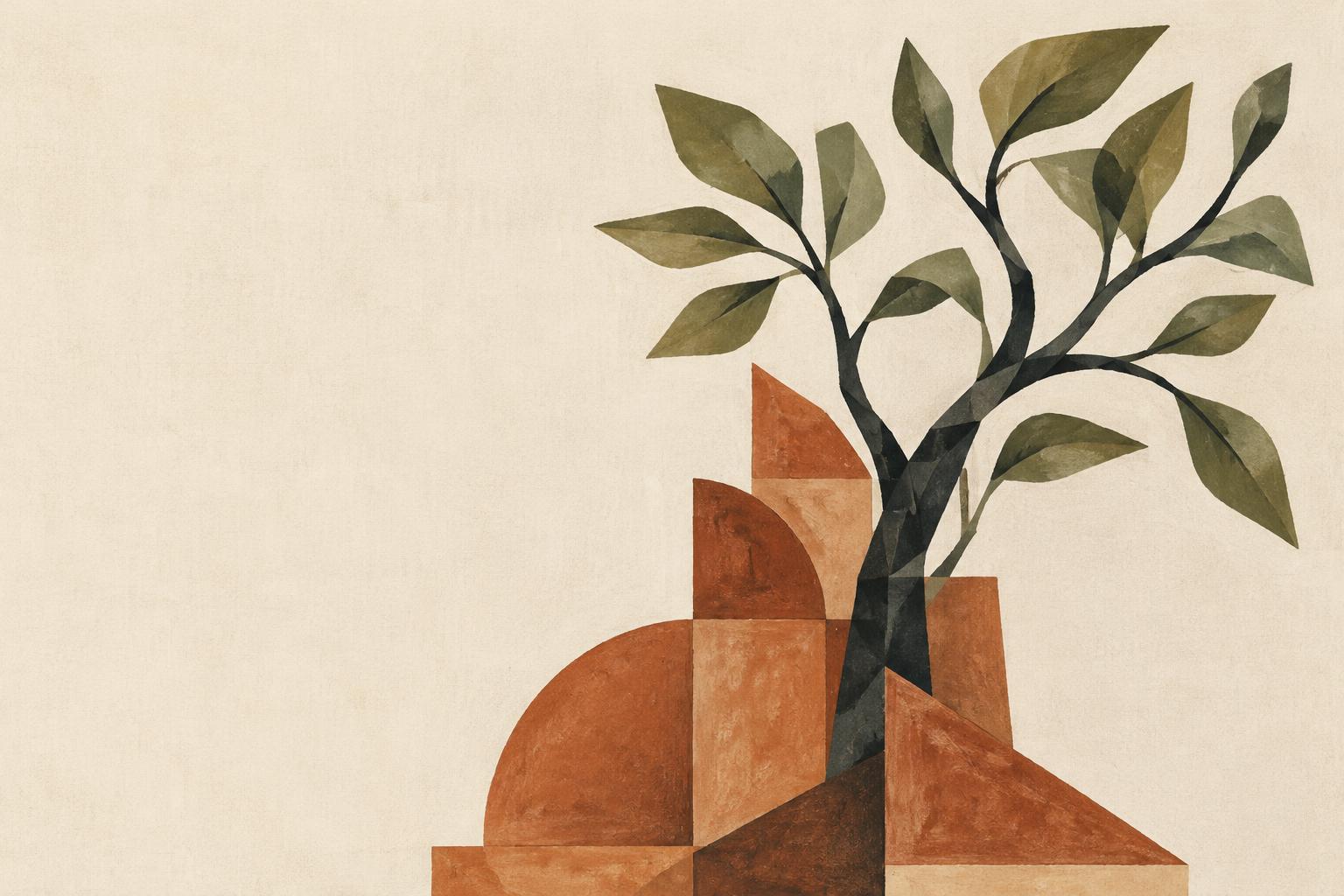 A cubist tree growing from geometric terracotta shapes